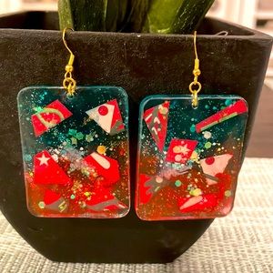 XMAS Festive Handmade Large Holiday Earrings Green and Red Rectangle